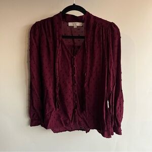 Ann Taylor Loft Blouse Sz Sm Maroon Burgundy Tie Neck EUC Women’s